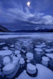 Methane Bubbles Frozen in Abraham Lake illuminated by Moonlight, Canadian Rockies