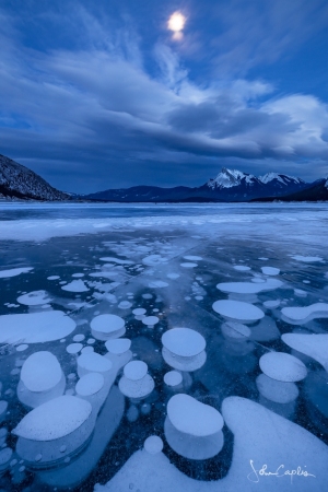 Frozen bubble stacks in moonlight