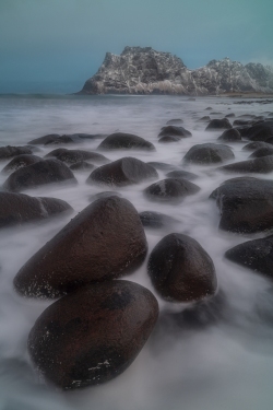 Boulders in surf at Uttakleiv Beach